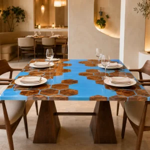 Custom Walnut Live Edge Epoxy Restaurant Table Top with Blue Epoxy RTT031