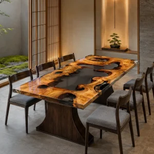 Custom Italian Olive Wood Live Edge Epoxy Restaurant Table Top with Grey Epoxy RTT033