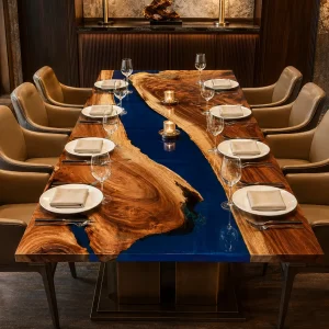 Custom Walnut River Epoxy Restaurant Table Top with Blue Epoxy RTT034