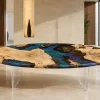 Custom French Poplar Live Edge Epoxy Restaurant Table Top with Blue Epoxy RTT035