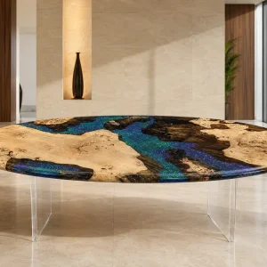 Custom French Poplar Live Edge Epoxy Restaurant Table Top with Blue Epoxy RTT035