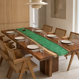 Custom Walnut River Epoxy Restaurant Table Top with Green Epoxy RTT036