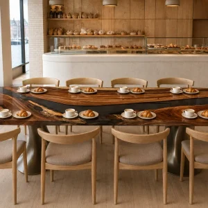 Custom Walnut River Epoxy Restaurant Table Top with Black Epoxy RTT038