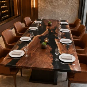Custom Black Walnut Live Edge Epoxy Restaurant Table Top with Black Epoxy RTT039
