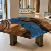 Custom Walnut Live Edge Epoxy Restaurant Table Top with Blue Epoxy RTT043