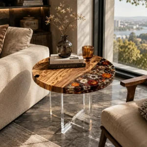 Custom Epoxy Flower Epoxy Side Tables with Black Epoxy ST002