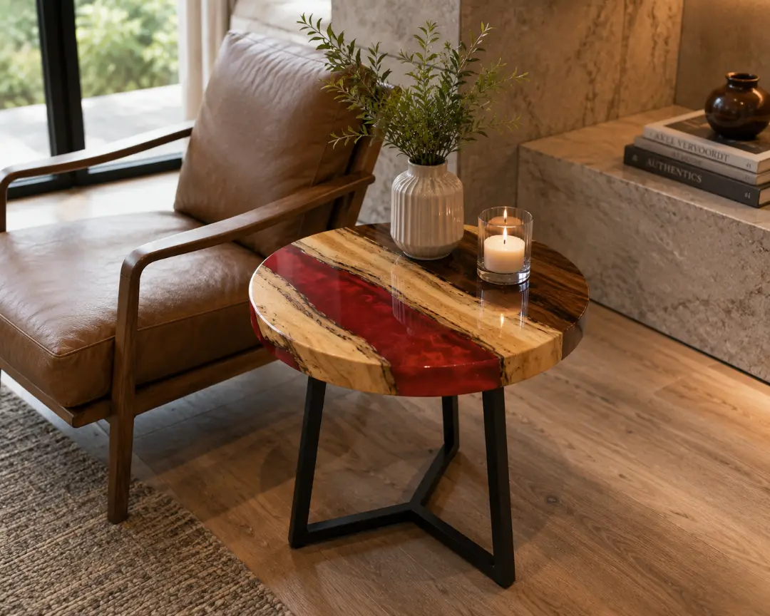 Custom River Epoxy Side Tables with Red Epoxy ST003