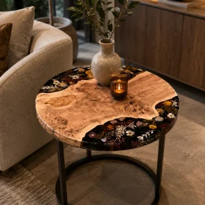 Custom Epoxy Flower Epoxy Side Tables with Black Epoxy ST006