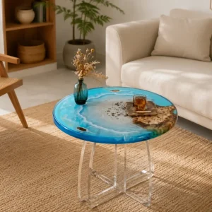 Custom Ocean & Beach Epoxy Side Tables with Blue Epoxy ST010