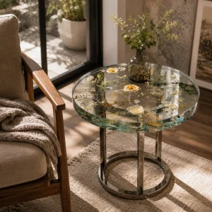 Custom Epoxy Flower Epoxy Side Tables with Crystal Clear Epoxy ST011