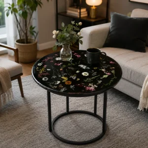 Custom Epoxy Flower Epoxy Side Tables with Black Epoxy ST012