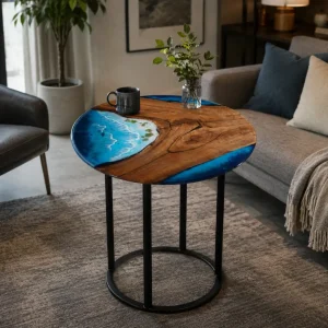 Custom Ocean & Beach Epoxy Side Tables with Blue Epoxy ST015