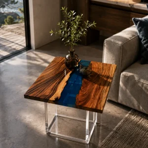 Custom River Epoxy Side Tables with Blue Epoxy ST016