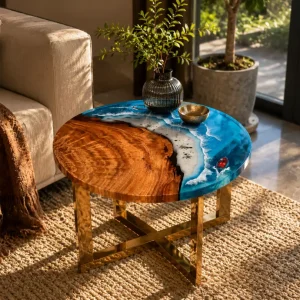 Custom Ocean & Beach Epoxy Side Tables with Blue Epoxy ST017