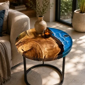 Custom Ocean & Beach Epoxy Side Tables with Blue Epoxy ST018