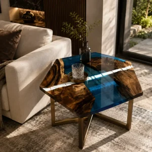 Custom River Epoxy Side Tables with Blue Epoxy ST020