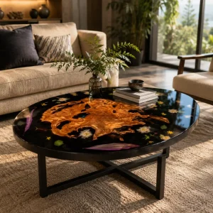 Custom Epoxy Flower Epoxy Side Tables with Black Epoxy ST022