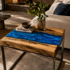 Custom River Epoxy Side Tables with Blue Epoxy ST024