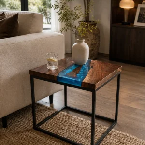 Custom River Epoxy Side Tables with Blue Epoxy ST026
