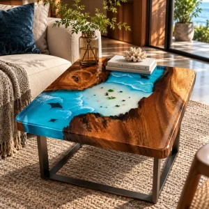 Custom Ocean & Beach Epoxy Side Tables with Blue Epoxy ST027