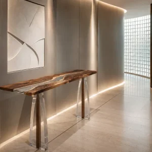Custom Walnut River Epoxy Console Tables with Crystal Clear Epoxy WCS005