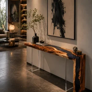 Custom Walnut River Epoxy Console Tables with Galaxy Epoxy WCS007