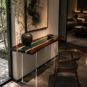 Custom Walnut River Epoxy Console Tables with Blue Epoxy WCS008