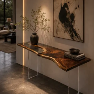 Custom Walnut Live Edge Epoxy Console Tables with Crystal Clear Epoxy WCS009