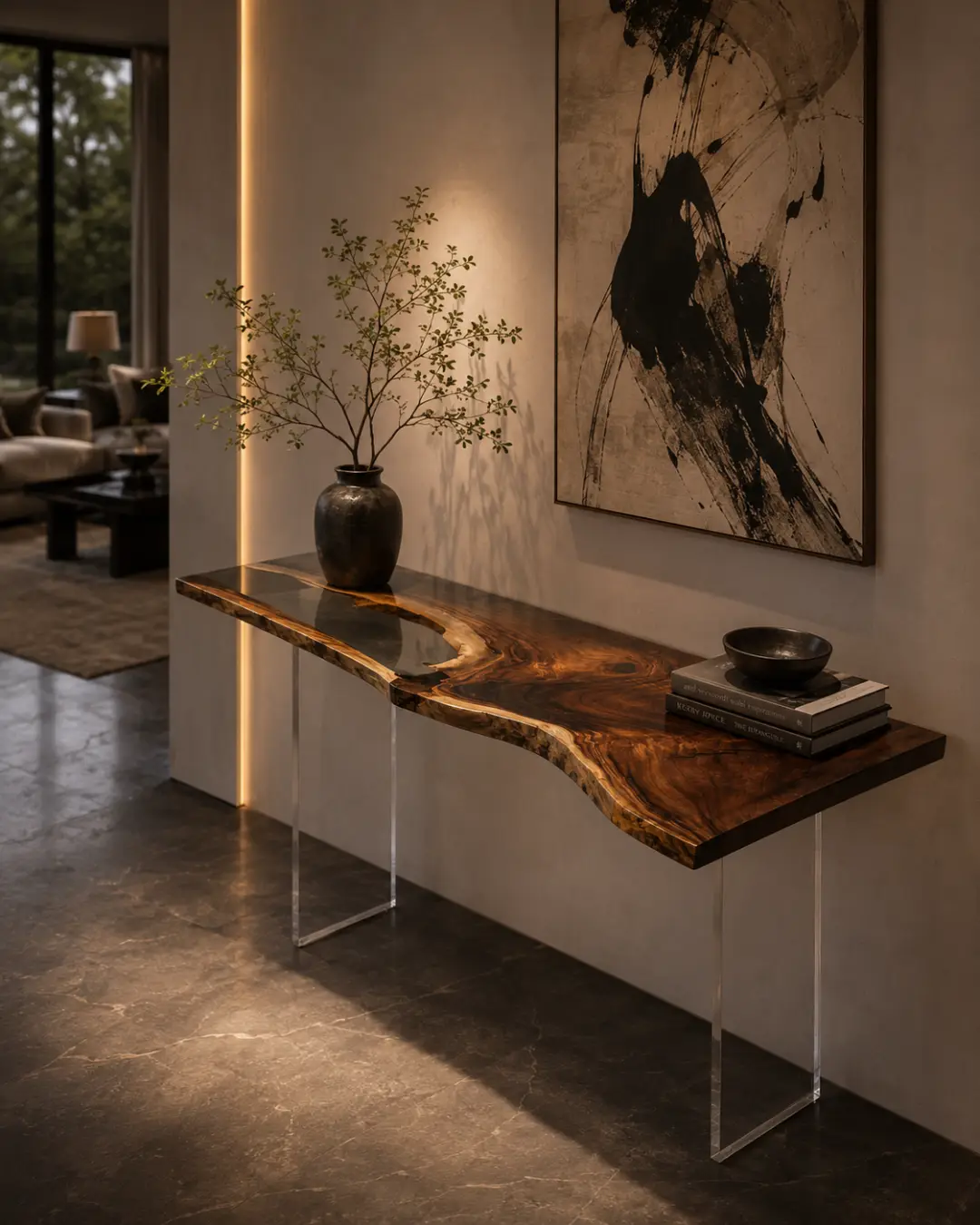 Custom Walnut Live Edge Epoxy Console Tables with Crystal Clear Epoxy WCS009