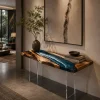 Custom Walnut Ocean & Beach Epoxy Console Tables with Blue Epoxy WCS010