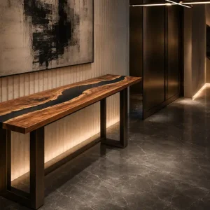Custom Walnut River Epoxy Console Tables with Black Epoxy WCS011
