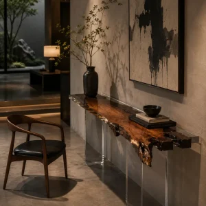 Custom Walnut Live Edge Epoxy Console Tables with Crystal Clear Epoxy WCS015