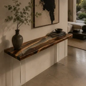 Custom Walnut River Epoxy Console Tables with Crystal Clear Epoxy WCS017