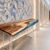 Custom Walnut Ocean & Beach Epoxy Console Tables with Blue Epoxy WCS018