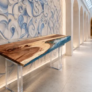 Custom Walnut Ocean & Beach Epoxy Console Tables with Blue Epoxy WCS018