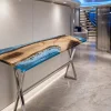 Custom Walnut Ocean & Beach Epoxy Console Tables with Blue Epoxy WCS019