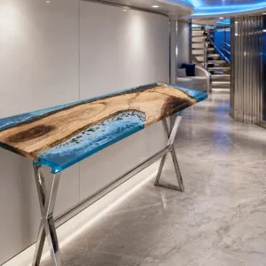 Custom Walnut Ocean & Beach Epoxy Console Tables with Blue Epoxy WCS019