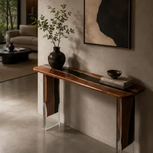 Custom Walnut Live Edge Epoxy Console Tables with Black Epoxy WCS020