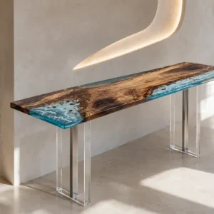 Custom Walnut Ocean & Beach Epoxy Console Tables with Blue Epoxy WCS022