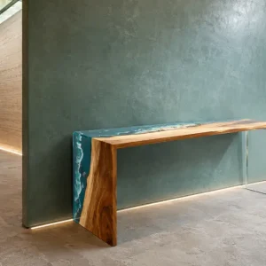 Custom Walnut Ocean & Beach Epoxy Console Tables with Blue Epoxy WCS023