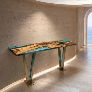 Custom Walnut Ocean & Beach Epoxy Console Tables with Blue Epoxy WCS025