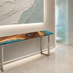Custom Walnut Ocean & Beach Epoxy Console Tables with Blue Epoxy WCS027