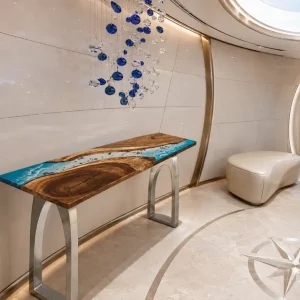 Custom Walnut Ocean & Beach Epoxy Console Tables with Blue Epoxy WCS029