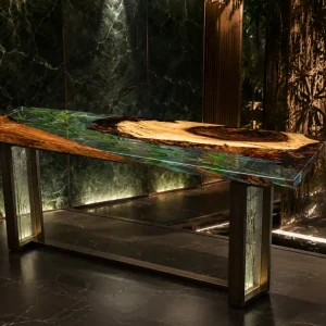 Custom Walnut Live Edge Epoxy Console Tables with Crystal Clear Epoxy WCS030