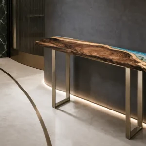 Custom Walnut Live Edge Epoxy Console Tables with Blue Epoxy WCS033
