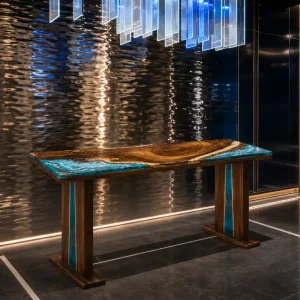 Custom Walnut Ocean & Beach Epoxy Console Tables with Blue Epoxy WCS035
