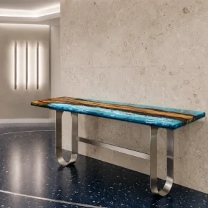 Custom Walnut Ocean & Beach Epoxy Console Tables with Blue Epoxy WCS037