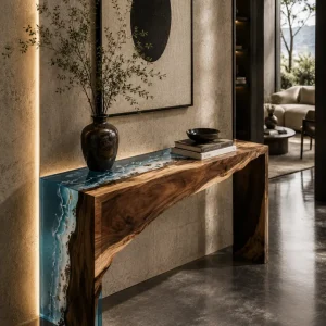 Custom Walnut Live Edge Epoxy Console Tables with Blue Epoxy WCS045