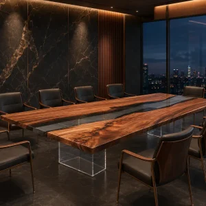 Custom Walnut Crystal Clear Live Edge Conference Tables WCT014