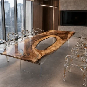 Custom Walnut Crystal Clear Live Edge Conference Tables WCT017